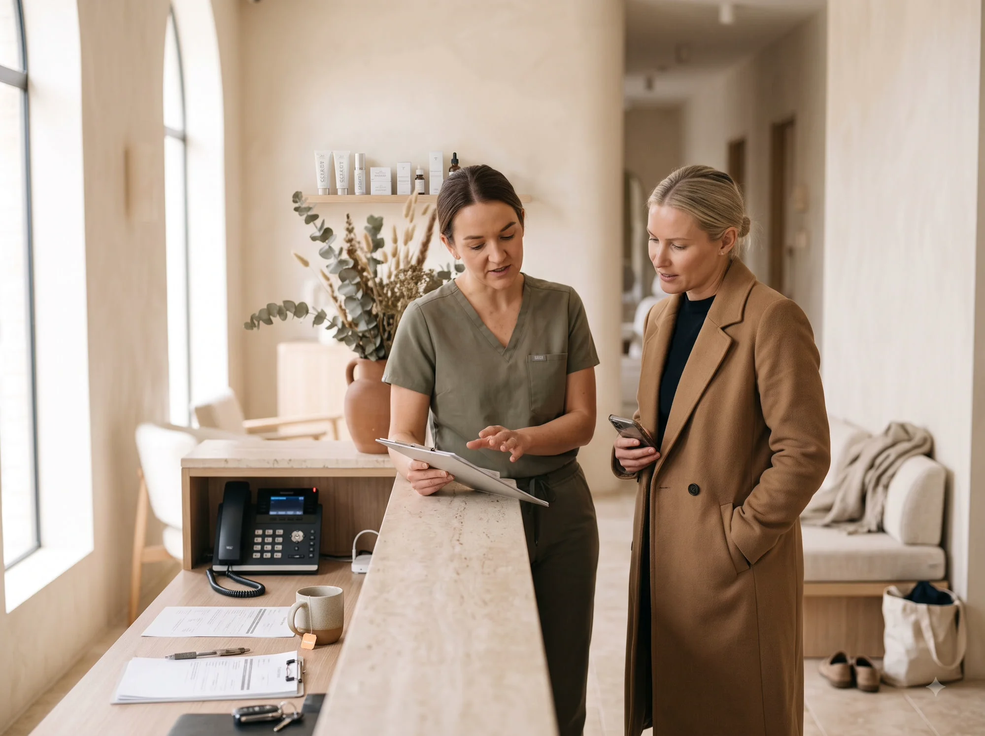 A med spa coordinator in olive scrubs goes through a treatment plan on a tablet with a client at the reception counter, while the desk phone sits unattended with a line lit